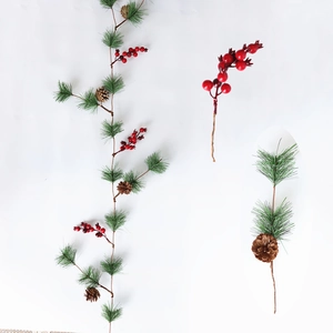 1.8m Christmas garland with green pine needles, red berries and pine cones on white background