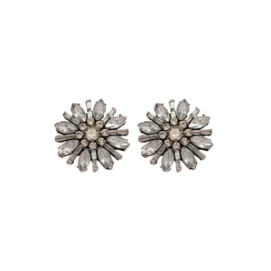 Vintage sunflower stud earrings with crystal petal accents and antique silver finish