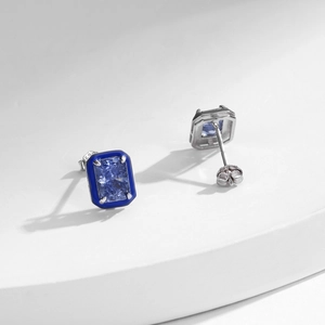 French s925 silver stud earrings featuring geometric icy sea blue square gemstones