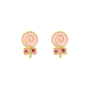 Detail of 18K gold lollipop earrings with pink enamel inlay and sparkling rhinestones