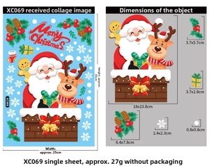 Size guide for Christmas window stickers featuring Santa, reindeer and snowflakes details