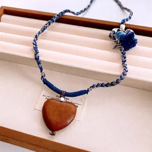 Ethnic Heart Wood Pendant Necklace With Multi-Colored Braided Rope And Blue Tassel Bohemian Sweater Chain For Women