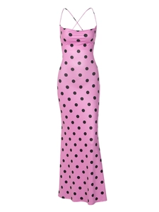 Robe longue rose à pois dos nu avec bretelles croisées et coupe ajustée élégante