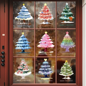 Lot de stickers de Noël statiques avec neuf sapins colorés pour fenêtres et portes vitrées