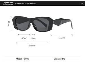 Detail view of black rectangular sunglasses featuring geometric faceted temples and dimensions