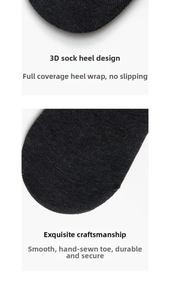Detail of 3D ergonomic heel design and seamless toe stitching on dark grey cotton socks