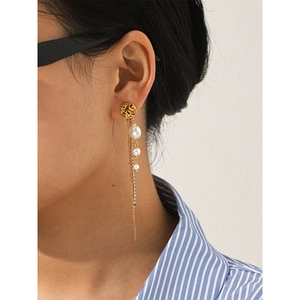 Elegant gold plated stainless steel long tassel earrings with pearls and rhinestones