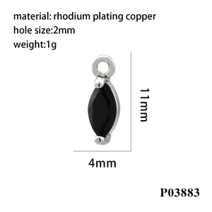 Technical diagram of 11x4mm silver rhodium-plated marquise pendant with black stone