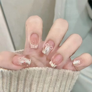 Sweet French Pink Leopard Gingham Bowknot Press On Nails ABS Glossy Square Fake Nails For Women Party Everyday Wear
