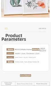 Detailed size chart for minimalist white MDF picture frames with dimensions and components
