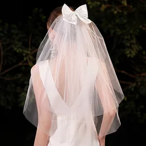 White Bridal Veil With Satin Bowknot Double Layer Mesh Hair Clip For Wedding Photography Props Bachelorette Party Accessory