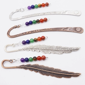 Set of metal feather bookmarks with natural colorful 7 chakra crystal beads decoration
