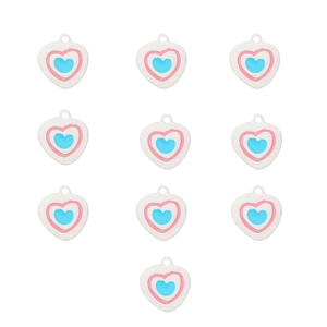 Close-up of ten heart-shaped alloy charms with white frame and pink-blue layers