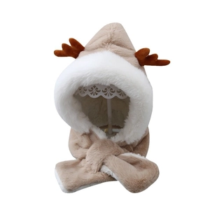 Winter plush hooded elk earflap scarf for babies and kids in camel and white