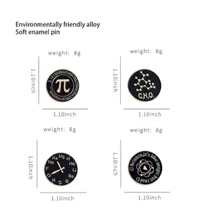 Set of 4 science enamel pins featuring Pi, molecular formulas, and atomic structures