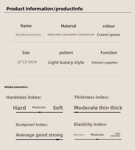 Detail specifications of insulated lunch bag showing materials, dimensions, and thermal features