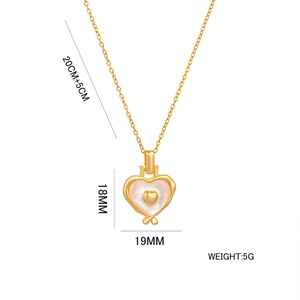 Titanium steel heart pendant necklace in gold with shell inlay and sizing details
