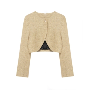 Champagne Gold Tweed Jacket With Sequins And Metallic Thread Elegant Long Sleeve Short Outerwear For Women