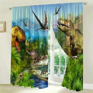 Detail view of polyester dinosaur print curtains showing T-Rex and prehistoric forest