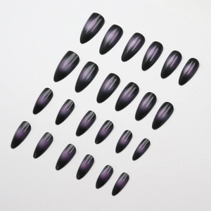 Almond shape press-on nails with purple cat eye gradient effect and 24 pieces set