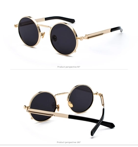 Steampunk round sunglasses with gold metal spring hinges and black lenses in dual angles