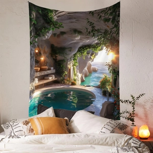 Detail of bohemian tapestry featuring a cave ocean view and vibrant green hanging plants