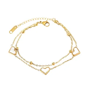 Double-layer golden titanium steel heart bracelet with white shell inlay for women