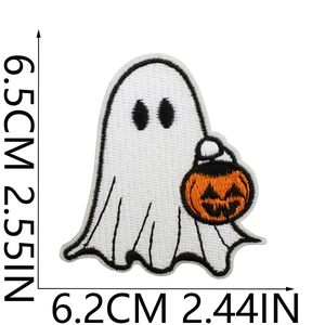 Ghost with pumpkin embroidered Halloween patch size guide showing dimensions 6.5 x 6.2 cm