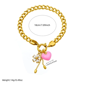 Bracelet chaîne en acier inoxydable doré avec cœur rose et breloque fleur strass