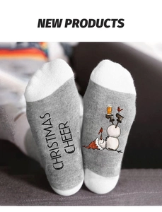 Detailed view of knitted Christmas socks with snowman print and Christmas Cheer text