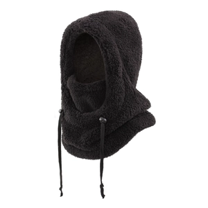 Detail of adjustable drawstring and integrated fleece face mask on windproof winter hood