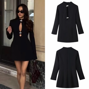 Black Mini Dress Long Sleeve Hollow Out With Metal Buckles Slim Fit High Neck Stretch Polyester Fashion Elegant
