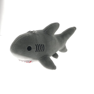 Cute grey shark plush keychain made of soft fabric with a durable metal clip link