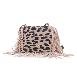 Kids leopard print crossbody bag with tassel fringe and golden buckle on white background