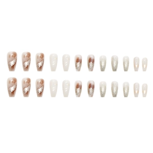 24pcs silver glitter and brown marble press-on nails in medium ballet coffin shape