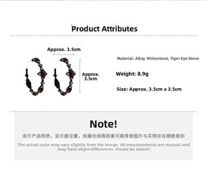Detailed size view of retro C-shaped earrings with rhinestones and brown tiger eye stones