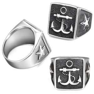 Retro stainless steel anchor ring for men featuring star relief in antique silver finish