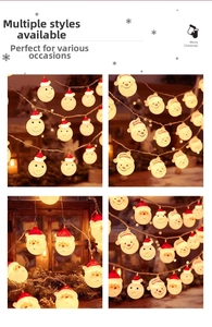 Detail of Santa Claus and snowman LED string lights glowing in warm white for Christmas