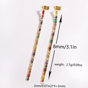 Rainbow rectangle crystal drop earrings in gold finish with elegant tassel design