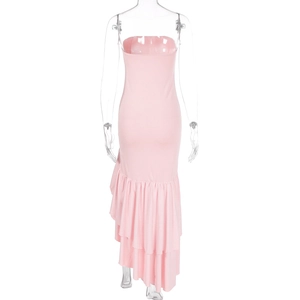 Detail of pink off-shoulder slim dress featuring asymmetrical multi-layer fishtail hemline