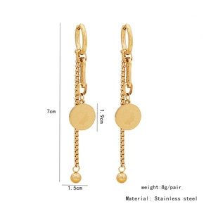 Detail view of gold stainless steel coin earrings with measurements and 1998 engraving