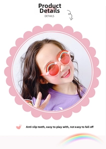 Detail view of pink round kids sunglasses with rainbow decor and non-slip temple grips
