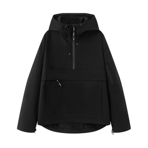 Women's black waterproof windbreaker with half-zip hoodie and multi-pocket design