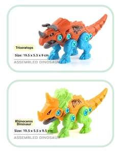 DIY dinosaur building set showing Triceratops and Monoclonius model dimensions