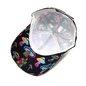 Distressed baseball cap with colorful mushroom print and adjustable back strap inside