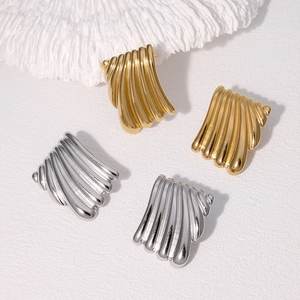 Pleated Wave Stud Earrings Stainless Steel 18K Gold Plated Geometric Fan Shaped Elegant Minimalist Jewelry For Women