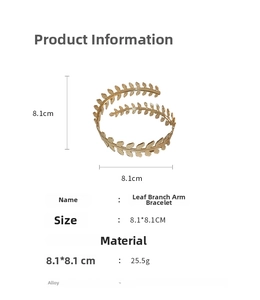 Detailed leaf armlet specifications in gold alloy with spiral design and adjustable size