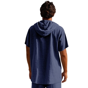 Back view of men's dark blue linen hoodie showing casual short sleeve texture