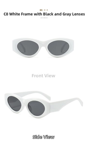 Detailed view showing white oval frame sunglasses with dark grey lenses from two angles