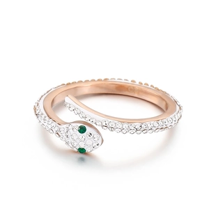 Snake shaped ring in rose gold finish with sparkling crystals and green gem eyes